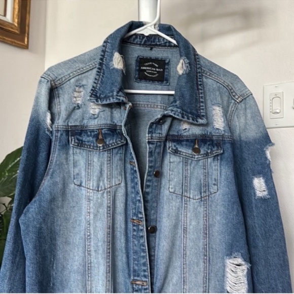 American Bazi Plus Oversized Denim/Jean Jacket Sz 2X Distressed destroyed Blue - Picture 2 of 10